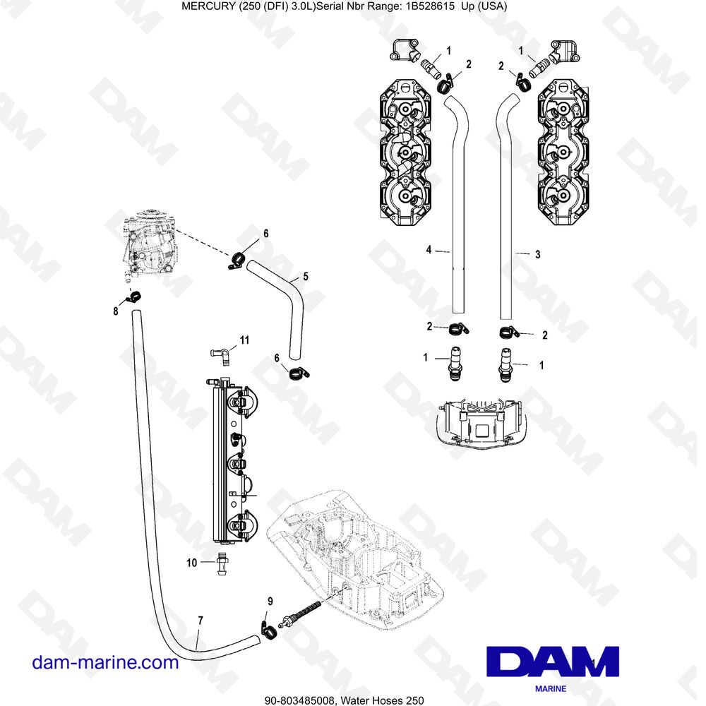 Parts and exploded views for Mercury 250 DFI 3.0L engine